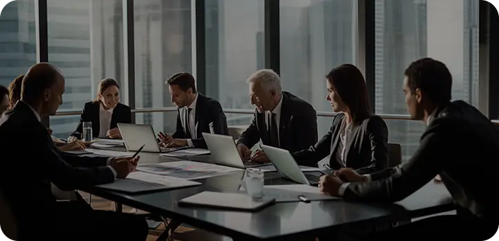 Equipo en sala de juntas colaborando en consultoría de gestión empresarial, eficiencia energética y transformación digital para optimizar edificios y procesos operativos.