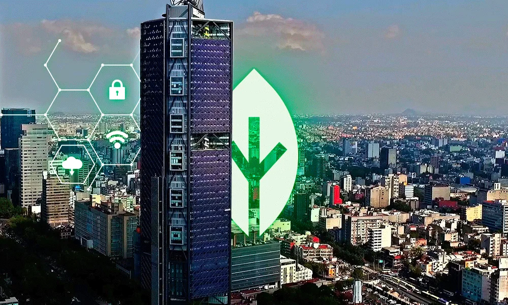 Rascacielos destaca en ciudad con hoja verde iluminada simbolizando sostenibilidad urbana.