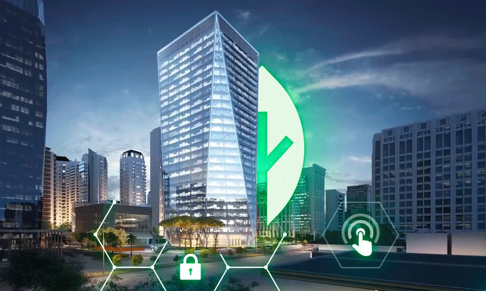 Ciudad corporativa con semicírculo verde iluminado que simboliza sostenibilidad, eficiencia energética y prácticas empresariales responsables