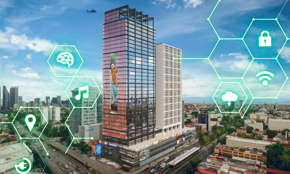 Ciudad de día con edificio central y hexágonos verdes que representan seguridad, conexión, nube y tecnologías inteligentes