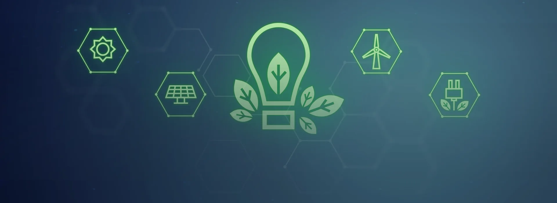 Iconos de energía renovable y eficiencia energética sobre fondo azul con patrones hexagonales y elementos tecnológicos del Sistema SCADA