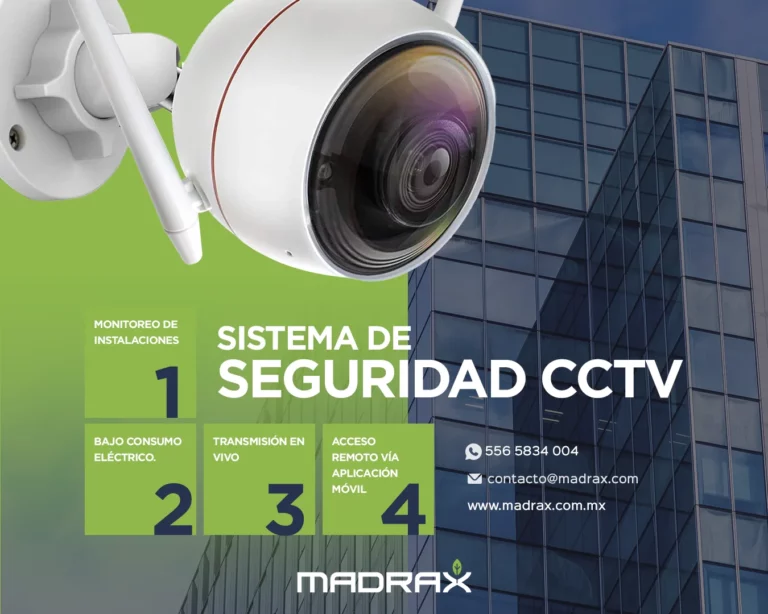 Cámara de seguridad CCTV mostrando funciones de monitoreo, transmisión en vivo, bajo consumo y acceso remoto móvil.