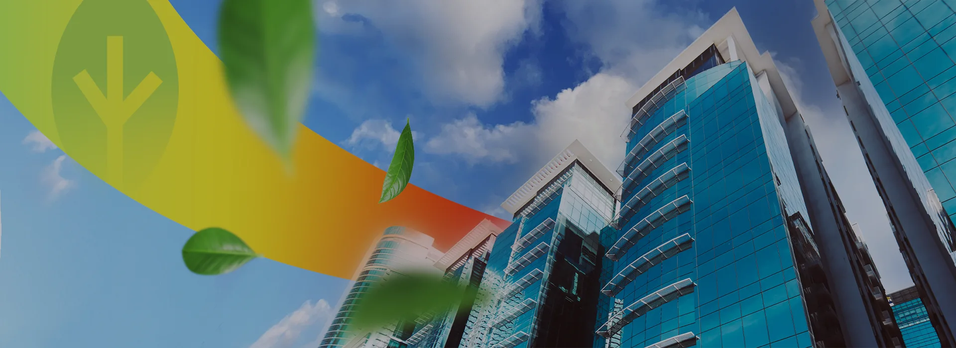 Ciudad moderna con edificios y línea verde representando ahorro energético y eficiencia en edificios.