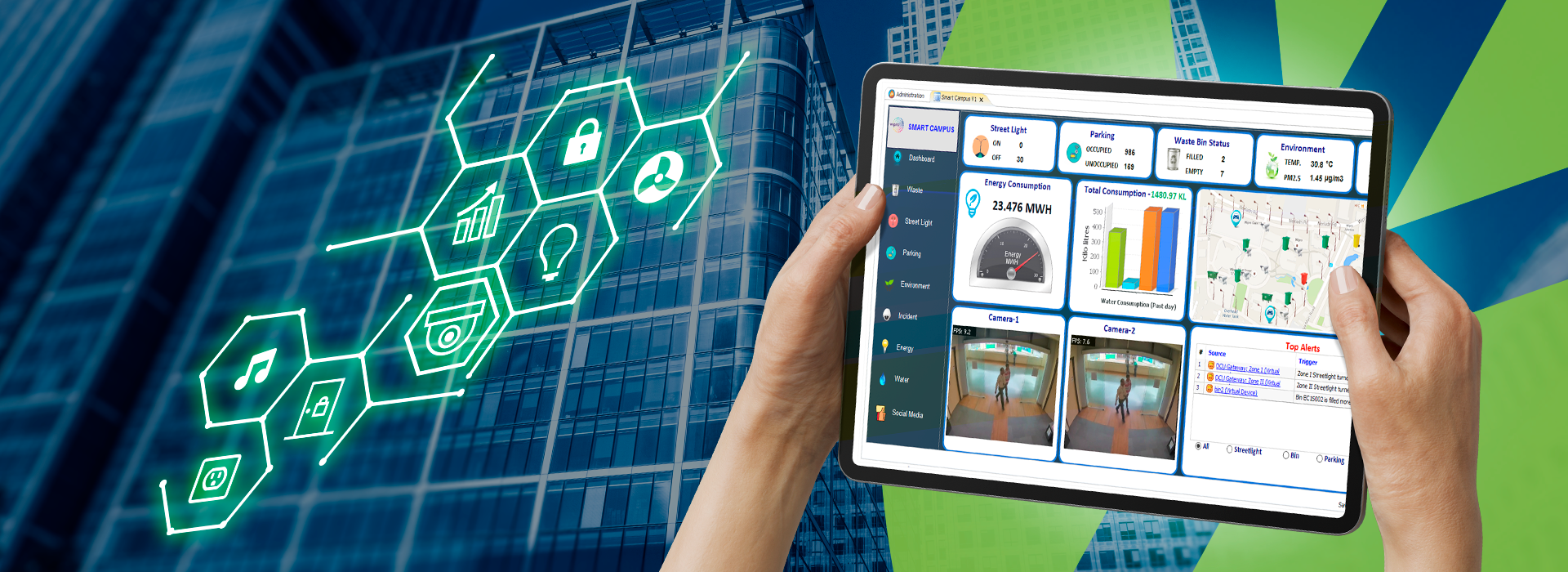 1. Texto Alternativo (Alt Text) Crucial para la accesibilidad y el SEO de imágenes. Debe ser descriptivo, corto y contener la palabra clave principal. Manos sosteniendo tableta con panel de control BMS de Smart Building frente a rascacielos con red de iconos tecnológicos superpuesta
