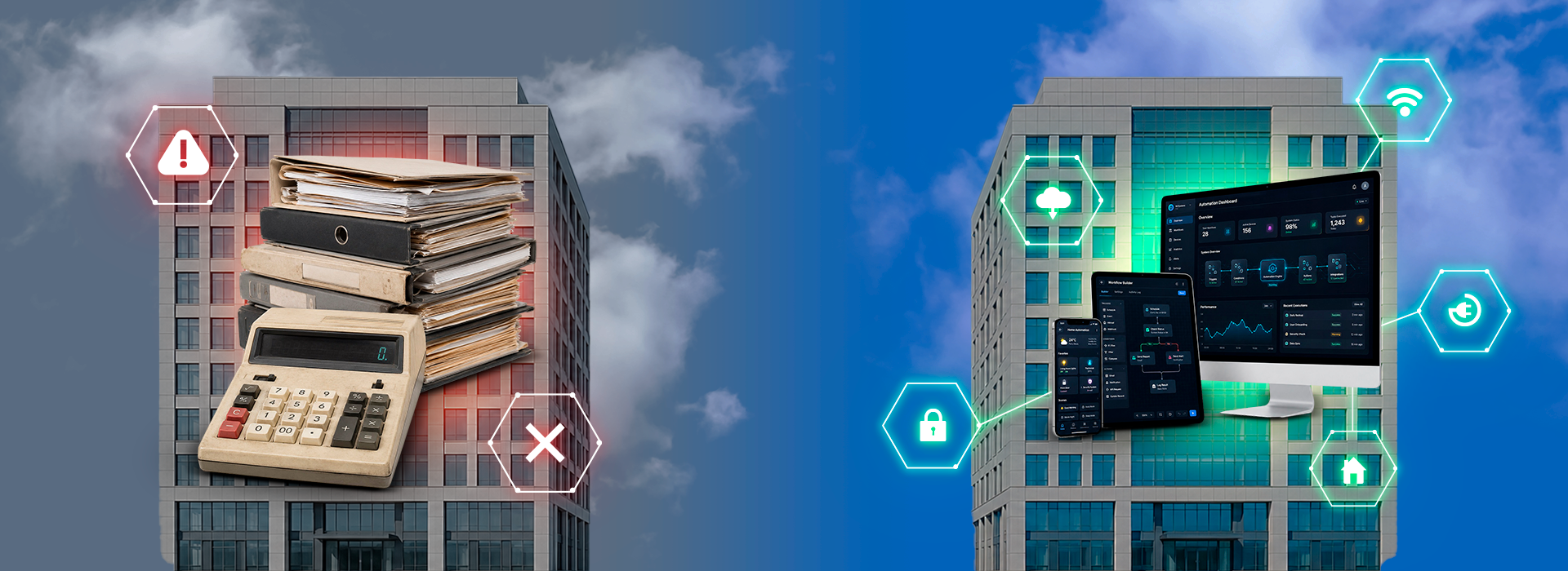 Edificio corporativo dividido en dos lados: el izquierdo muestra carpetas viejas, una calculadora y alertas de error; el derecho muestra pantallas digitales con un sistema SCADA para visibilidad en tiempo real.