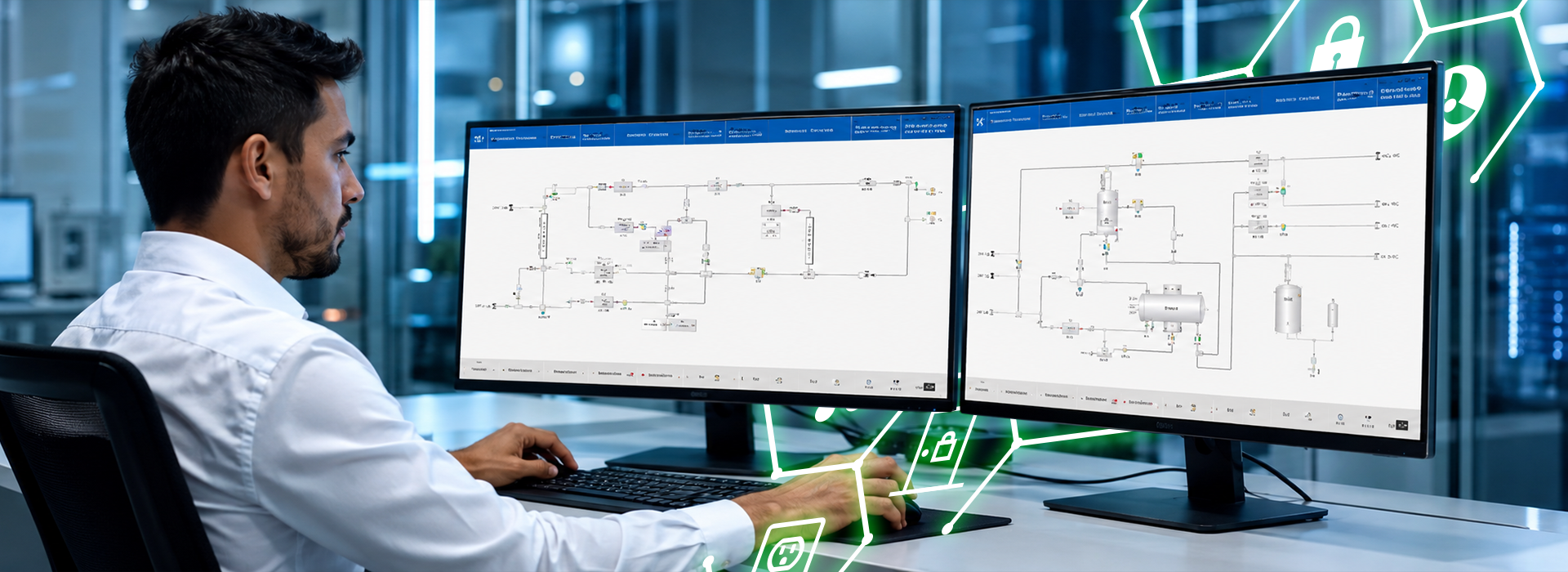 Operario industrial monitoreando variables críticas y diagramas de flujo en tiempo real desde las pantallas de un sistema SCADA de Madrax.