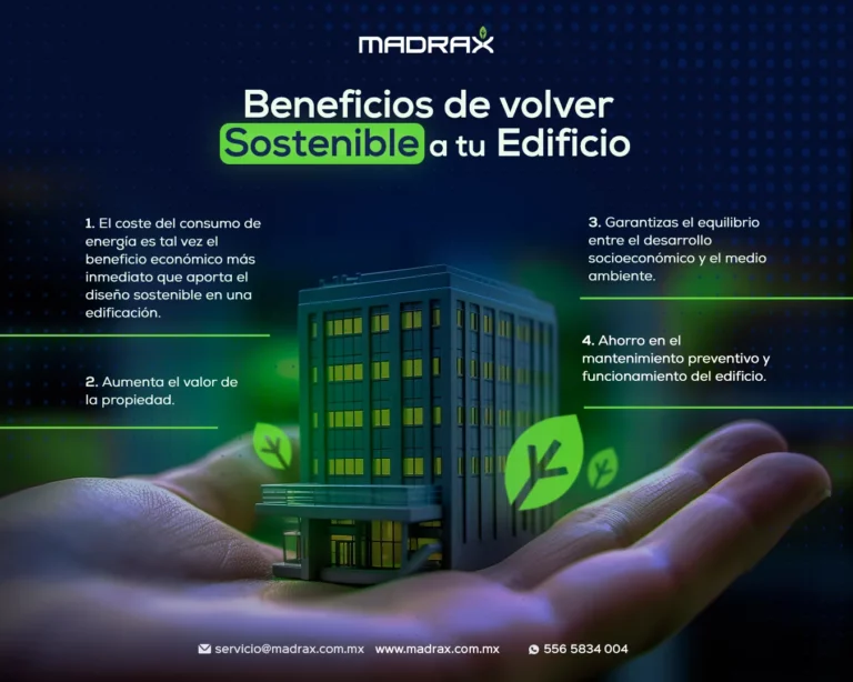 Mano sosteniendo edificio sostenible con iconos de hojas y beneficios para mejorar eficiencia energética en construcciones modernas.
